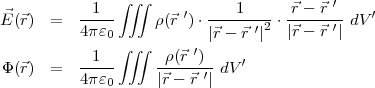 ⃗ -1---∫∫∫ ′ ---1---- ⃗r---⃗r-′ ′
E (⃗r) = 4πɛ0 ρ(⃗r ) ⋅|⃗r - ⃗r ′|2 ⋅ |⃗r - ⃗r ′| dV
∫∫∫ ′
Φ (⃗r) = -1--- -ρ(⃗r--)-dV ′
4πɛ0 |⃗r - ⃗r ′|