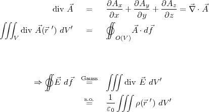 div A⃗ = ∂Ax- + ∂Ay-+ ∂Az-= ∇⃗ ⋅ ⃗A
∫∫∫ ∫∫∂x ∂y ∂z
divA⃗(⃗r ′) dV′ = ○ A⃗⋅df⃗
V O (V )
∫∫ ∫∫∫
⇒ ○ ⃗E d ⃗f Ga=uss div ⃗E dV ′
∫∫∫
s.=o. -1 ρ(⃗r ′) dV ′
ɛ0